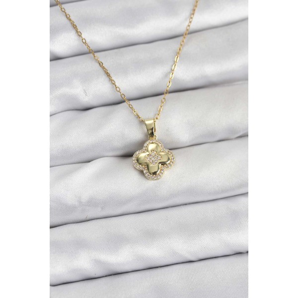 316L Çelik Zincir Gold Renk Zirkon Taşlı Yonca Model Kadın Kolye - TJ-BKO10767