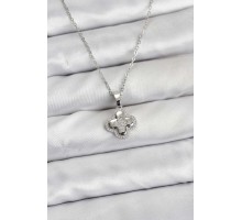 316L Çelik Zincir Gümüş Renk Zirkon Taşlı Yonca Model Kadın Kolye - TJ-BKO10768