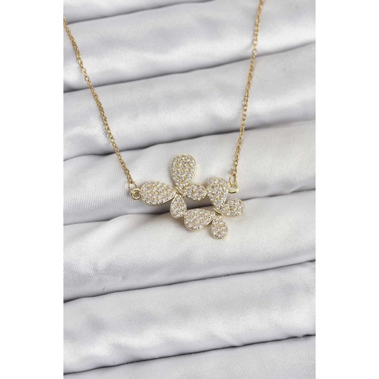 316L Çelik Zincir Gold Renk Zirkon Taşlı Kelebek Model Kadın Kolye - TJ-BKO10769