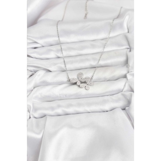 316L Çelik Zincir Gümüş Renk Zirkon Taşlı Kelebek Model Kadın Kolye - TJ-BKO10770
