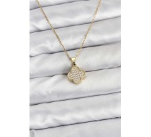316L Çelik Zincir Gold Renk Zirkon Taşlı Yonca Model Kadın Kolye - TJ-BKO10771