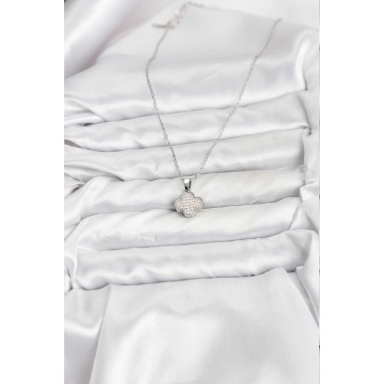 316L Çelik Zincir Gümüş Renk Zirkon Taşlı Yonca Model Kadın Kolye - TJ-BKO10772