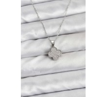 316L Çelik Zincir Gümüş Renk Zirkon Taşlı Yonca Model Kadın Kolye - TJ-BKO10772