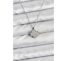 316L Çelik Zincir Gümüş Renk Zirkon Taşlı Yonca Model Kadın Kolye - TJ-BKO10772