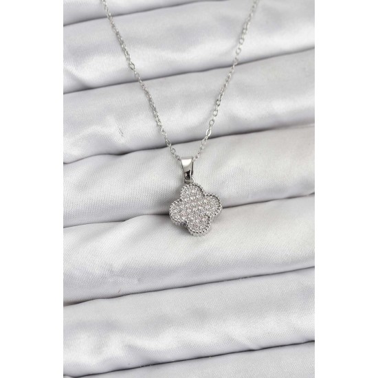 316L Çelik Zincir Gümüş Renk Zirkon Taşlı Yonca Model Kadın Kolye - TJ-BKO10772