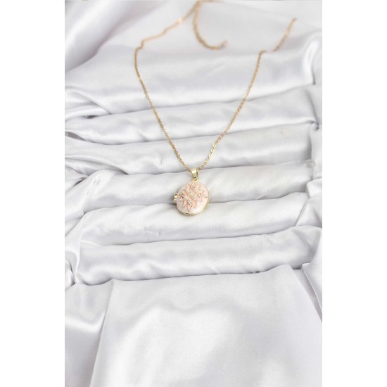 316L Çelik Zincir Gold Renk Mineli Lotus Model Açılabilir Kadın Kolye - TJ-BKO10776