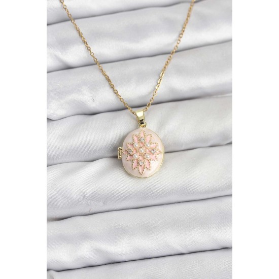 316L Çelik Zincir Gold Renk Mineli Lotus Model Açılabilir Kadın Kolye - TJ-BKO10776