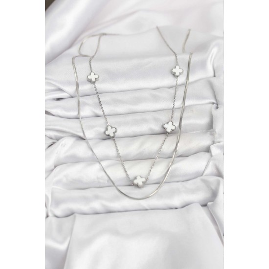 316L Çelik Zincir Gümüş Renk İtalyan Zincirli Yonca Model Kadın Kolye - TJ-BKO10779