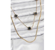 316L Çelik Zincir Gold Renk İtalyan Zincirli Siyah Yonca Model Kadın Kolye - TJ-BKO10782