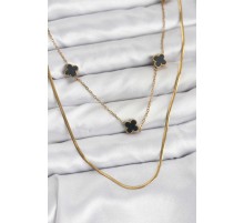 316L Çelik Zincir Gold Renk İtalyan Zincirli Siyah Yonca Model Kadın Kolye - TJ-BKO10782