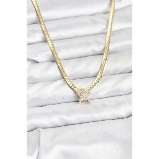 Gold Renk Pirinç Yıldız Zirkon Taşlı Kadın Kolye - TJ-BKO10793