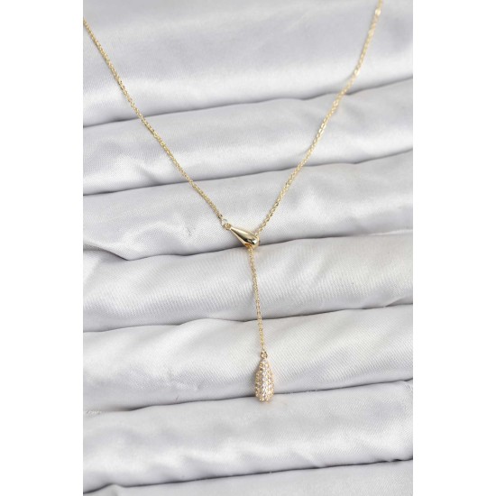 Pirinç Gold Renk Asansörlü Damla Model Kadın Kolye - TJ-BKO10799