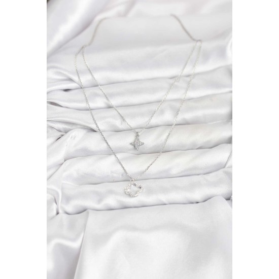 Pirinç Gümüş Renk Yonca Model 2'li Kadın Kolye - TJ-BKO10802