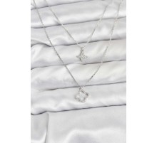 Pirinç Gümüş Renk Yonca Model 2'li Kadın Kolye - TJ-BKO10802