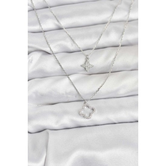 Pirinç Gümüş Renk Yonca Model 2'li Kadın Kolye - TJ-BKO10802