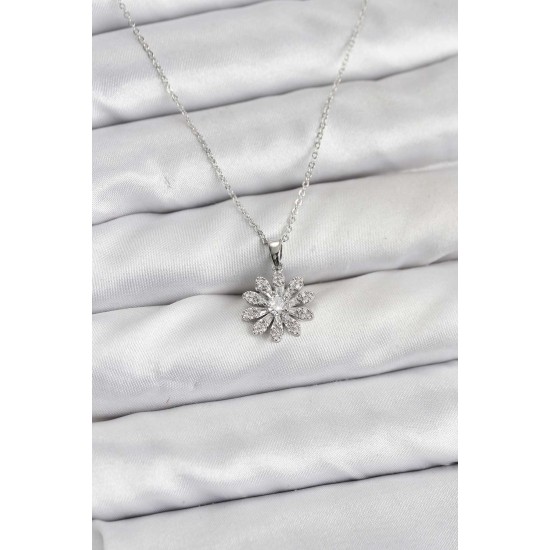 Pirinç Gümüş Renk Çiçek Model Kadın Kolye - TJ-BKO10806