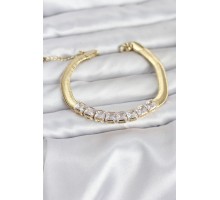 316L Çelik Gold Renk Kare Zirkon Taşlı Yılan Zincirli Kadın Bileklik - TJ-BB8152