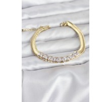 316L Çelik Gold Renk Kare Zirkon Taşlı Yılan Zincirli Kadın Bileklik - TJ-BB8152