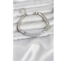 316L Çelik Gümüş Renk Kare Zirkon Taşlı Yılan Zincirli Kadın Bileklik - TJ-BB8153
