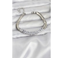 316L Çelik Gümüş Renk Kare Zirkon Taşlı Yılan Zincirli Kadın Bileklik - TJ-BB8153