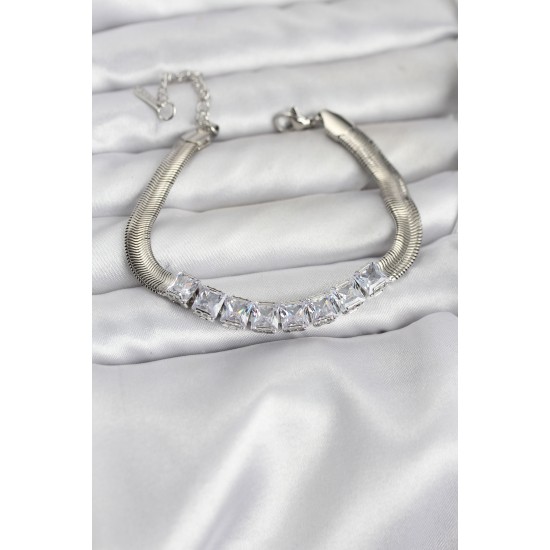 316L Çelik Gümüş Renk Kare Zirkon Taşlı Yılan Zincirli Kadın Bileklik - TJ-BB8153