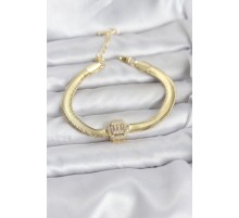 316L Çelik Gold Renk Baget Zirkon Taşlı Yılan Zincirli Kadın Bileklik - TJ-BB8154