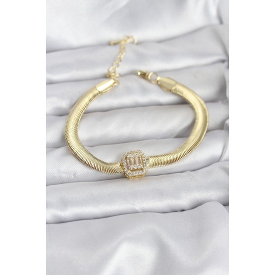316L Çelik Gold Renk Baget Zirkon Taşlı Yılan Zincirli Kadın Bileklik - TJ-BB8154