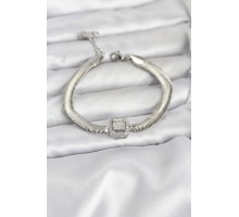 316L Çelik Gümüş Renk Baget Zirkon Taşlı Yılan Zincirli Kadın Bileklik - TJ-BB8155