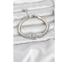 316L Çelik Gümüş Renk Baget Zirkon Taşlı Yılan Zincirli Kadın Bileklik - TJ-BB8155