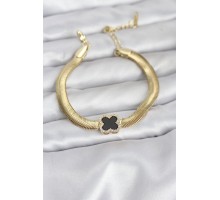 316L Çelik Gold Renk Siyah Yonca Model Zirkon Taşlı Yılan Zincirli Kadın Bileklik - TJ-BB8156