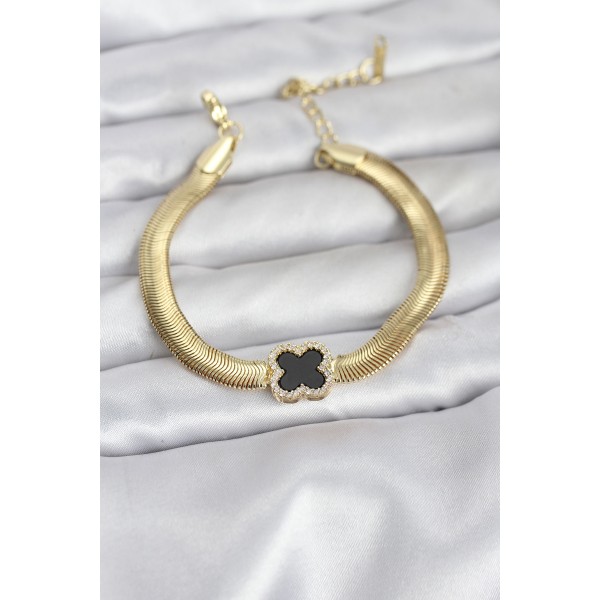 316L Çelik Gold Renk Siyah Yonca Model Zirkon Taşlı Yılan Zincirli Kadın Bileklik - TJ-BB8156