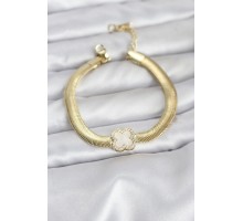 316L Çelik Gold Renk Beyaz Yonca Model Zirkon Taşlı Yılan Zincirli Kadın Bileklik - TJ-BB8157