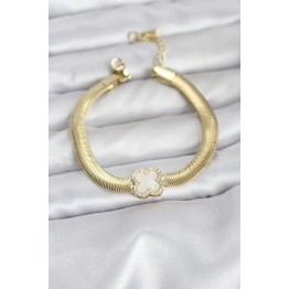 316L Çelik Gold Renk Beyaz Yonca Model Zirkon Taşlı Yılan Zincirli Kadın Bileklik TJ-BB8157