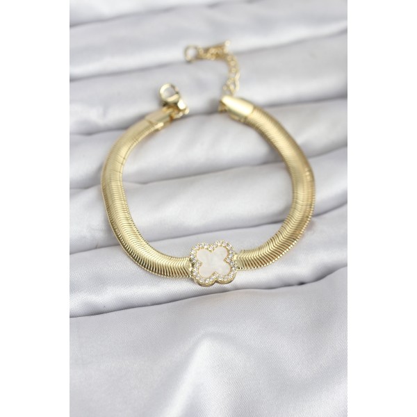 316L Çelik Gold Renk Beyaz Yonca Model Zirkon Taşlı Yılan Zincirli Kadın Bileklik - TJ-BB8157