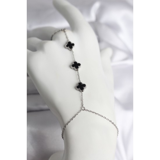 316L Çelik Gümüş Renk Siyah Yonca Model Kadın Şahmeran - TJ-SN737