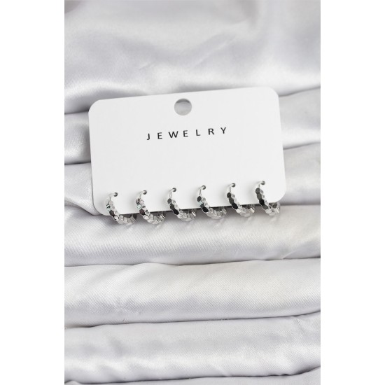 Gümüş Renk Pirinç Minimal Petek Detaylı Kadın Küpe Seti - TJ-BKP11474