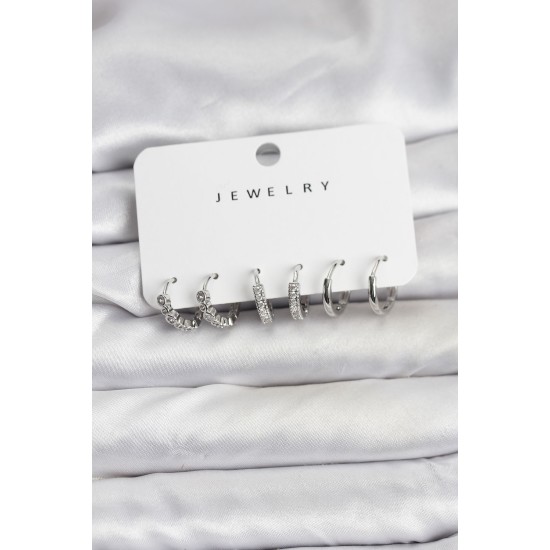 Gümüş Renk Pirinç Zirkon Taşlı Kadın Küpe Seti - TJ-BKP11476