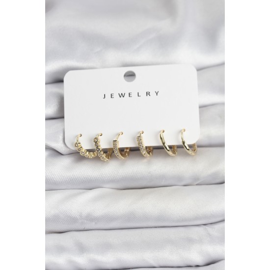 Gold Renk Pirinç Zirkon Taşlı Kadın Küpe Seti - TJ-BKP11477