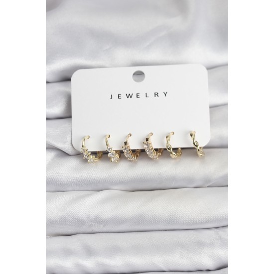 Pirinç Gold Renk Zirkon Taşlı Kadın Küpe Seti - TJ-BKP11479