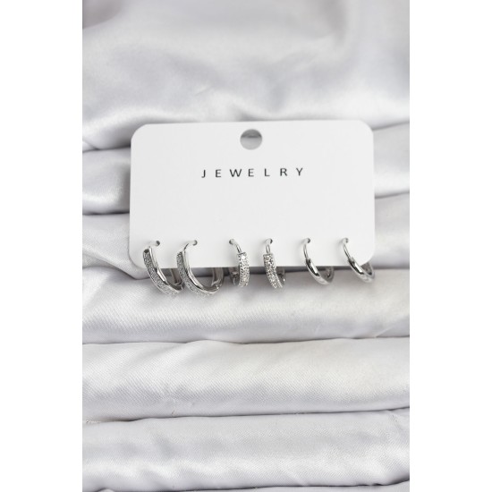 Zirkon Taşlı Gümüş Renk Pirinç Kadın Küpe Seti - TJ-BKP11480