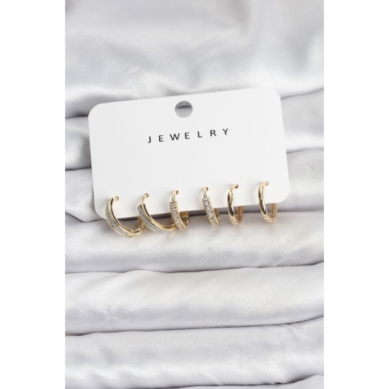 Zirkon Taşlı Gold Renk Pirinç Kadın Küpe Seti - TJ-BKP11481