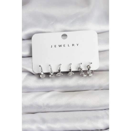 Gümüş Renk Pirinç Yıldız Modelli Kadın Küpe Seti - TJ-BKP11484