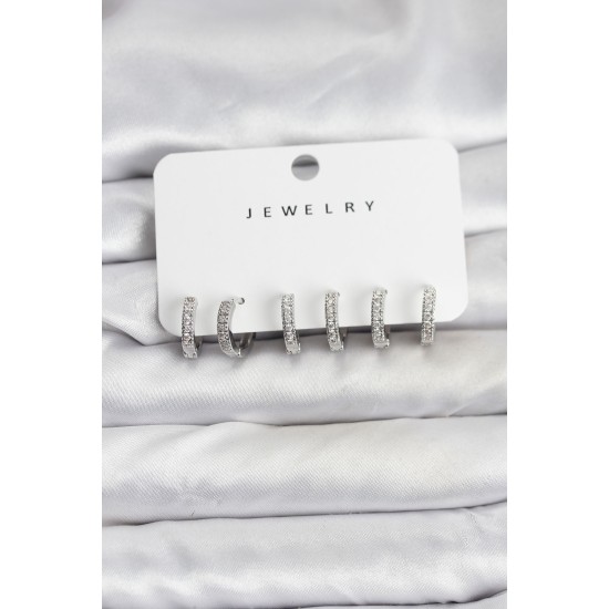 Gümüş Renk Pirinç Zirkon Taşlı Halka Kadın Küpe Seti - TJ-BKP11486