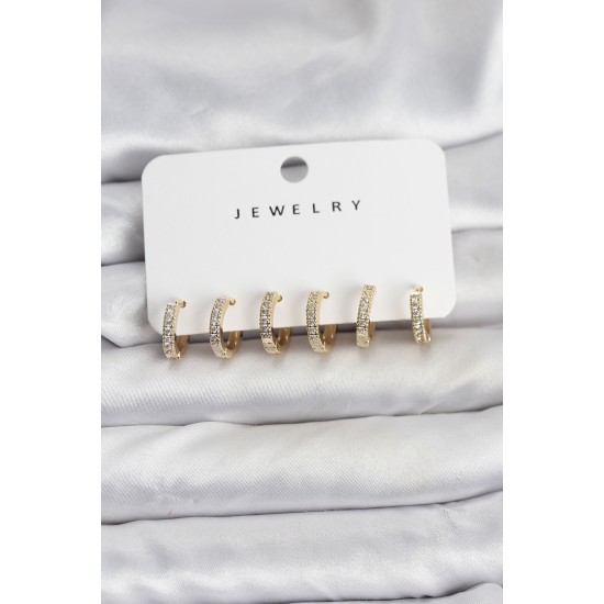 Gold Renk Pirinç Zirkon Taşlı Halka Kadın Küpe Seti - TJ-BKP11487