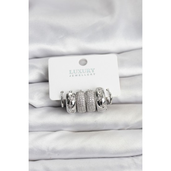 Zirkon Taşlı Pirinç Gümüş Renk Halka Kadın Küpe Seti - TJ-BKP11488