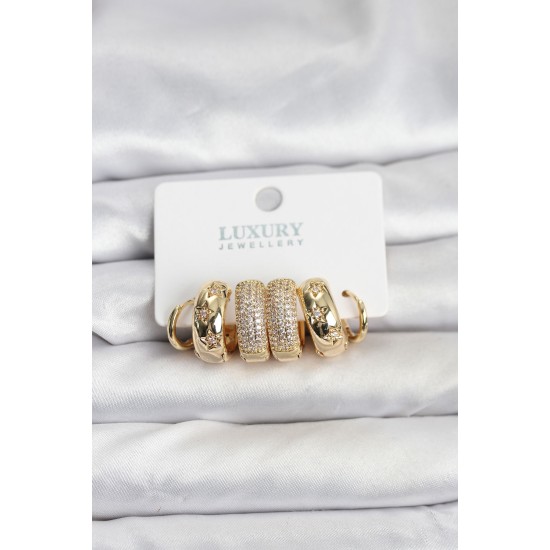 Zirkon Taşlı Pirinç Gold Renk Halka Kadın Küpe Seti - TJ-BKP11489