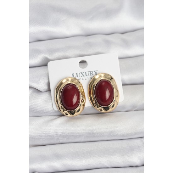 Bordo Renk Oval Vintage Pirinç Kadın Küpe - TJ-BKP11496