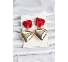 Pirinç Gold Kalpli Kırmızı Gül Model Kadın Küpe - TJ-BKP11500