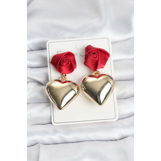 Pirinç Gold Kalpli Kırmızı Gül Model Kadın Küpe - TJ-BKP11500