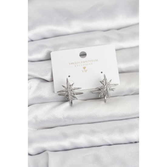 Gümüş Renk Pirinç Çift Taraflı Kutup Yıldızı Kadın Küpe - TJ-BKP11511